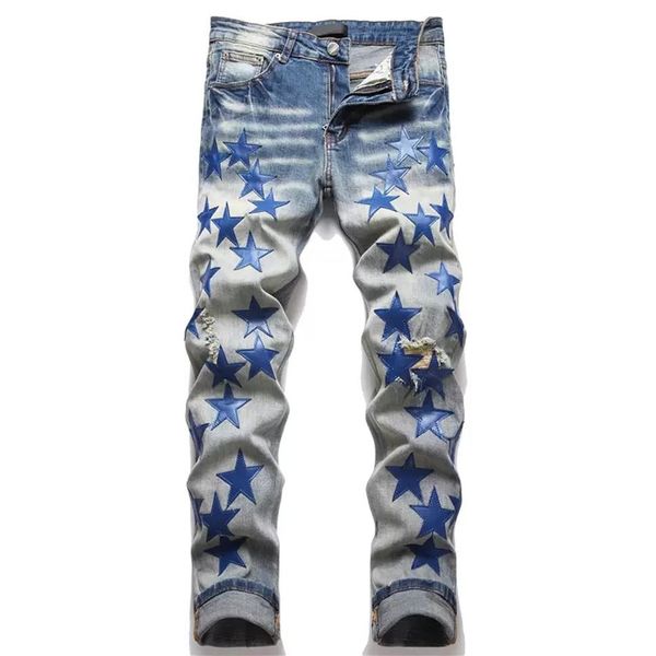

plus size designer jeans mens denim embroidery pants fashion holes trouser us size hip hop distressed zipper trousers for male 2022507, Blue