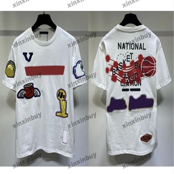 

xinxinbuy men designer tee t shirt 23ss national basketball embroidery print pattern short sleeve cotton women white black s-2xl293z, Black;brown