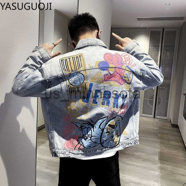 

men's jackets yasuguoji new 2022 hip pop men denim jackets japanese cartoon printed loose graffiti jacket frayed coat fashion jean jack, Black;brown