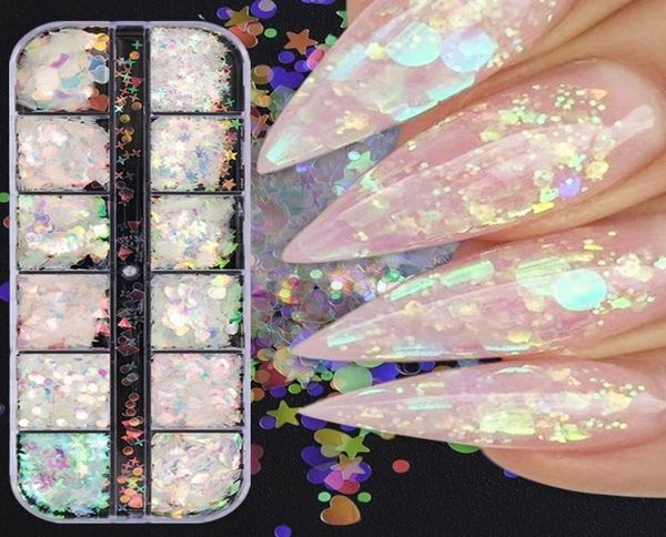 

12 gridsset nail art mermaid sequins buttefly star moon nail paillette clear nail glitter salon tip 2021 new arrival6329778, Silver;gold