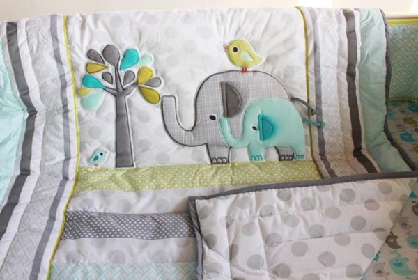 

baby bedding set 7pcs comfortable embroidery 3d elephant bird baby crib bedding set include baby quilt bed skirt quilt bumper8729015