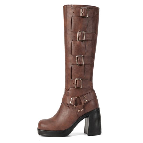 

boots metal ring three rows of thin straps punk women motorcycle rivet four square buckle knee high 230810, Black