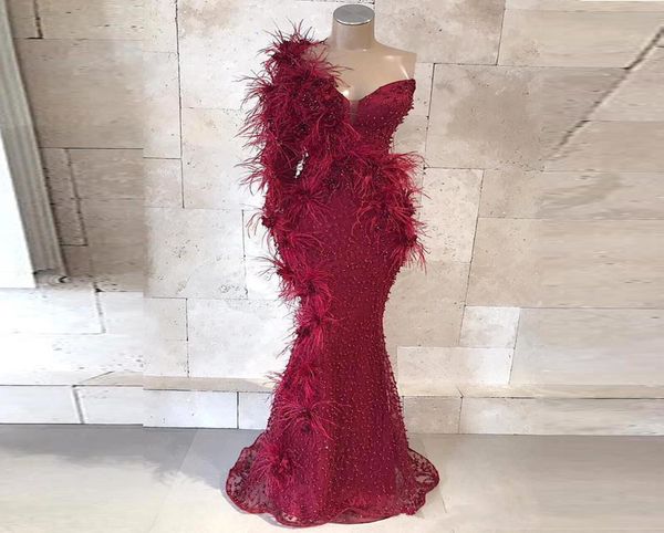 

one shoulder burgundy mermaid prom dresses lace beads 3d floral appliqued sweetheart luxury feather floor length evening gowns1146023, Black