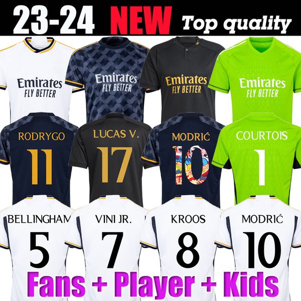 

2023 bellingham vini jr soccer jerseys tchouameni 23 24 football shirt real madrids camavinga rodrygo camisetas men kids kit uniforms fans p, Black;yellow