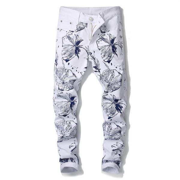 

men's jeans men's fashion print trend elastic white denim pants men254w, Blue