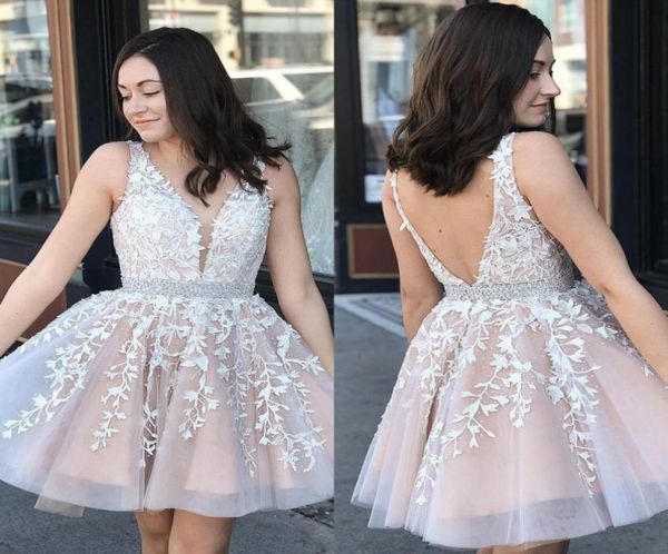 

v neck lace aline short homecoming dresses tulle applique knee length short prom dresses plus size vestidos de festa bm09871517320, Blue;pink