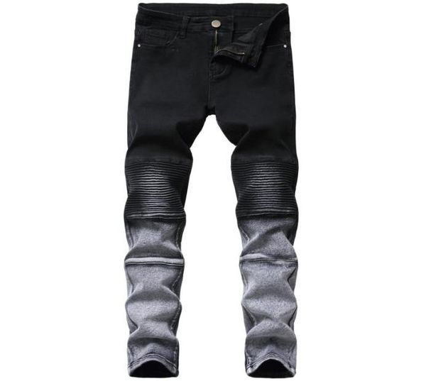 

men039s jeans men stretch slim black small feet trend brand highquality pleated motorcycle pants7565855, Blue