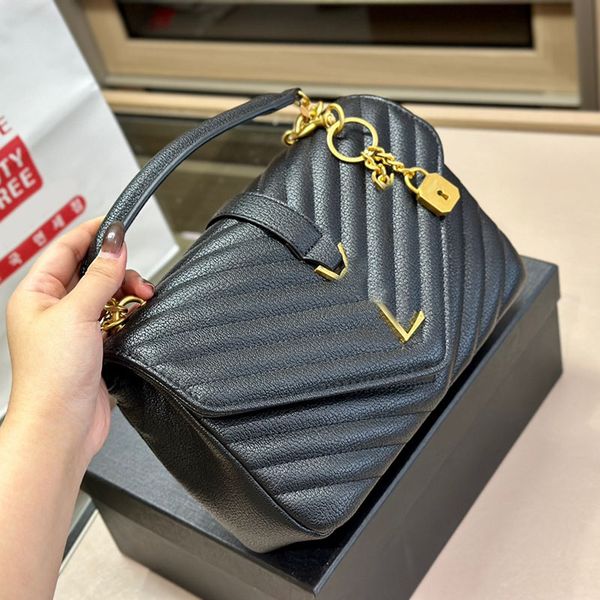 

women designer medium classic message bag with lock v-shaped stripes aged silver/gold letters metal hardware chain crossbody shoulder handba