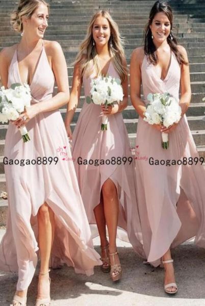 

2019 american grecian hilo long chiffon summer beach party bridesmaid dresses halter v neck simple maid of honor dress custom mad7679888, White;pink