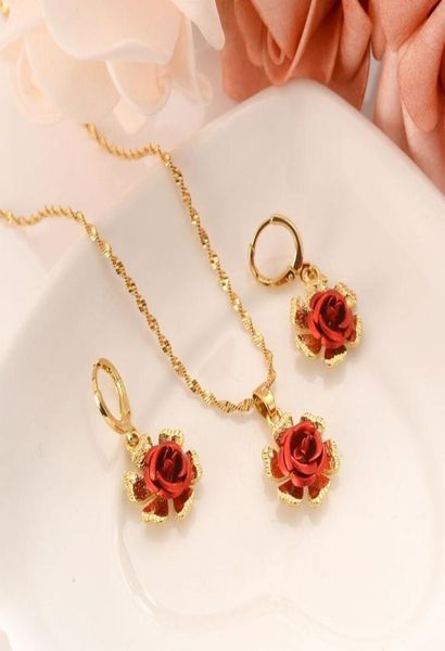 

18 k fine gold leaf red flower brightcoloured women jewelry sets europe wedding gift dubai pendnat earrings diy charms1496474, Silver