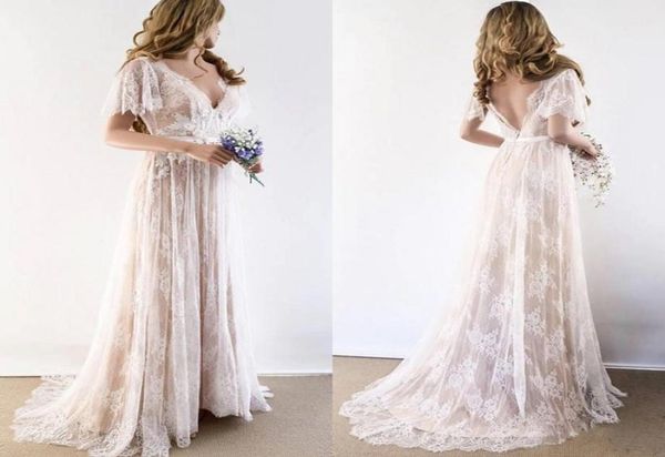 

2022 champagne country bohemian wedding gown dresses v neck short sleeves lace backless bridal gowns plus size6898643, White