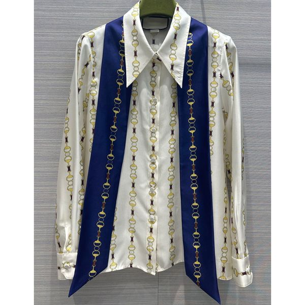 

8.11 100% silk women's blouses chains print comfortable casual shirts, White