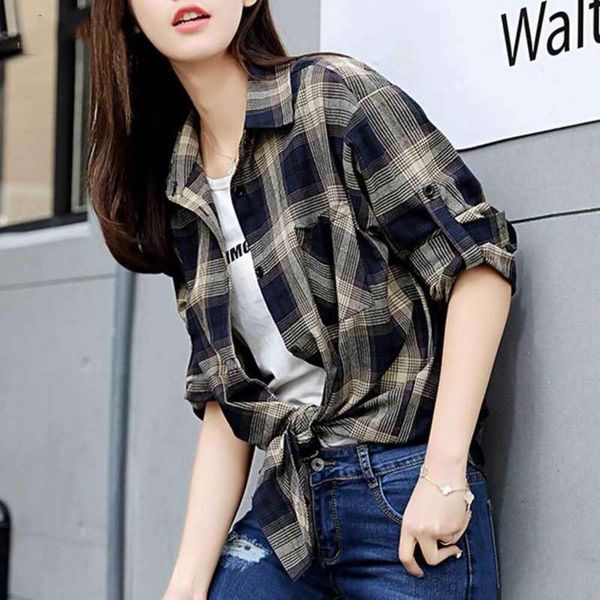 

western styled big womens blouses bow korean loose slimming striped retro plaid long sleeved shirt for women large, White