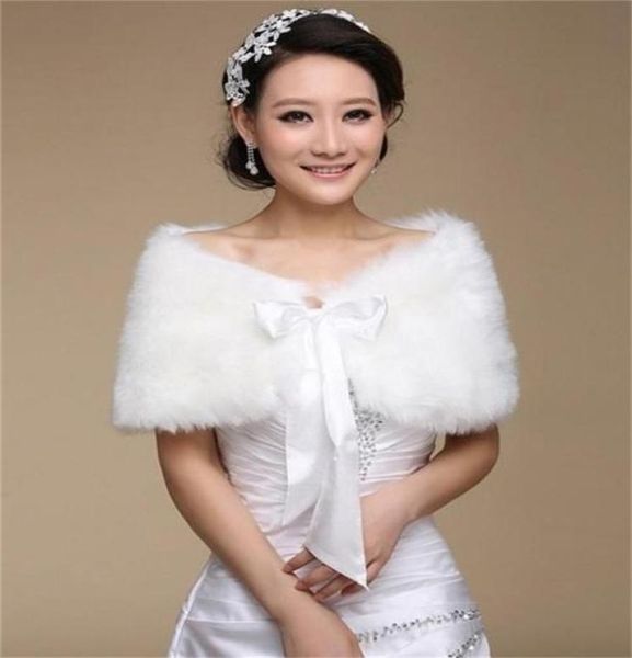 

faux fur wedding wraps shrug bridal gowns warm shawls stole cape stock bolero for ladies formal wear ribbon tie bow 6972609, White