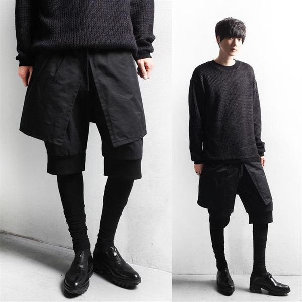 

cool men new stretch waist meggings layer shorts leggings combo pants trousers269s, Black