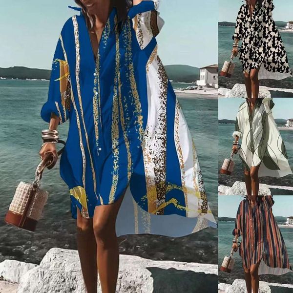 

fashion womens loose digital print long sleeve lapel shirt dress, Black;gray