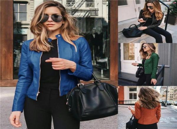 

womens pu leather fshion jackets spring autumn woman stand collar zipper solid short coats women button short suit faux leathers252177328, Black