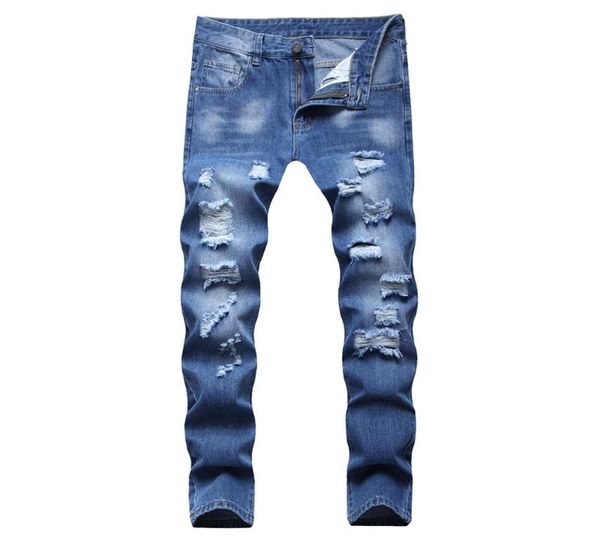 

dark blue men039s ripped skinny biker jeans destroyed hole slim fit denim pants hip hop trousers casual pantalones size 28421138802