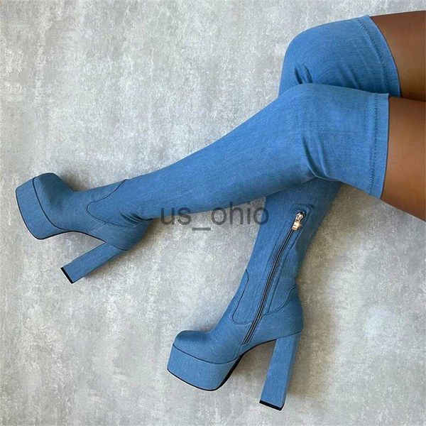 

boots women over the knee boots 2023 winter fashion platform female shoes punk style size 43 high heeled denim boots dropshopping j230811, Black