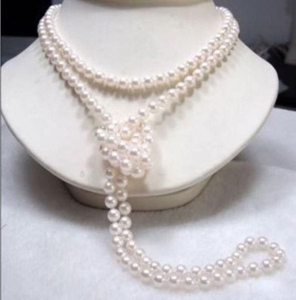 

long 65quot 78mm genuine natural white akoya cultured pearl necklace hand knotted9613931, Silver