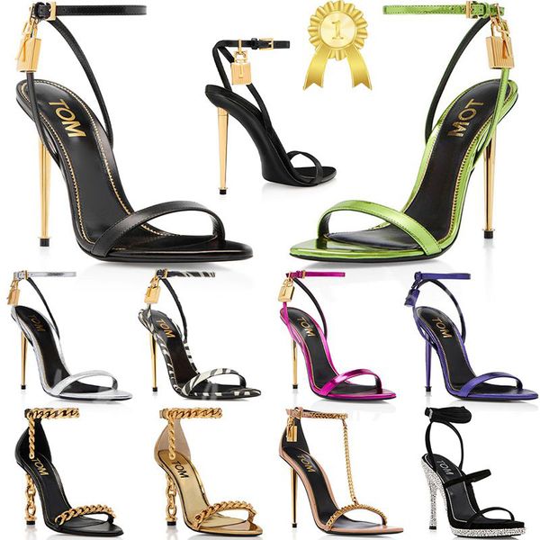 

designer sandals women shoes elegant padlock pointy naked shoes with box hardware lock and key woman metal stiletto heel party dress wedding, Black