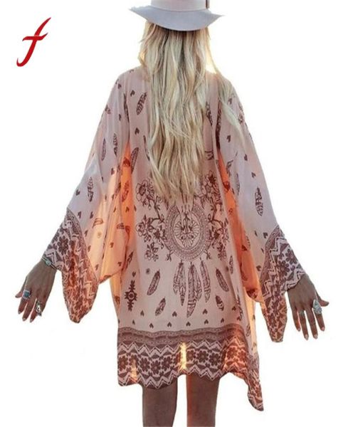 

feitong women blusa boho printed chiffon shirts loose shawl kimono cardigan cover up blouse women 34 sleeve summer8451771, White