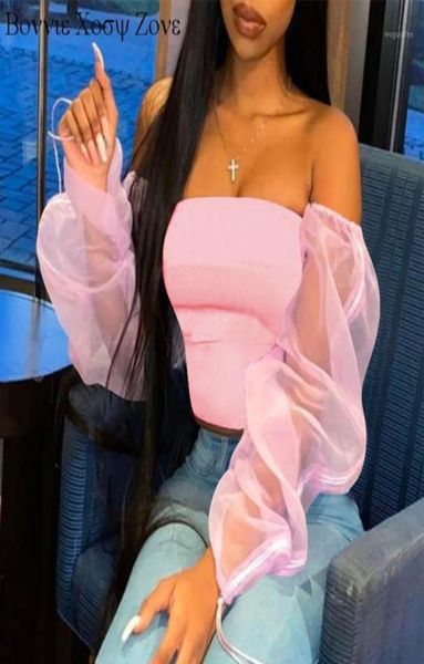 

women long puff sleeve off shoulder sheer mesh crop shirt blouse19940726, White