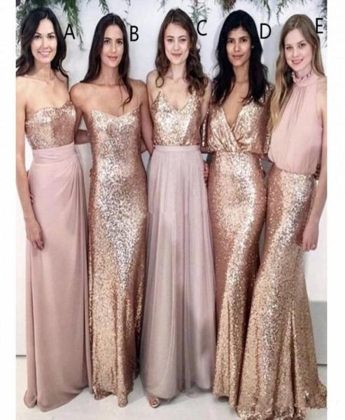 

modest blush pink beach wedding bridesmaid dresses with rose gold sequin mismatched wedding maid of honor gowns women party formal4646453, White;pink