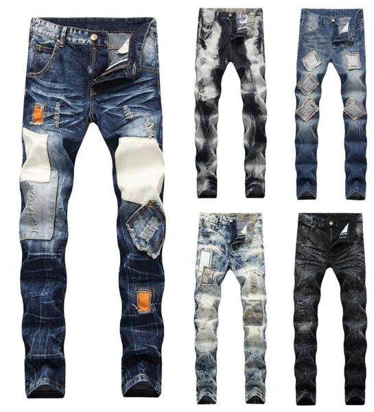 

men039s ripped biker jeans cotton slim fit male motorcycle pants men vintage distressed patchwork denim trousers 9 colors size 9257860, Blue