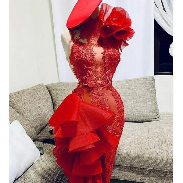 

real image red lace knee length cocktail dresses one shoulder prom gowns tulle 3d flower ruffles formal party dress, Black