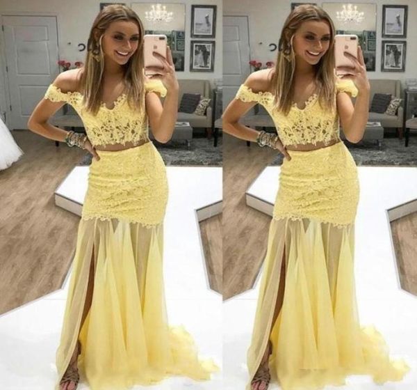

yellow mermaid prom dresses off shoulder lace two pieces dresses evening wear front split cocktail party gowns for graduation4311833, Black