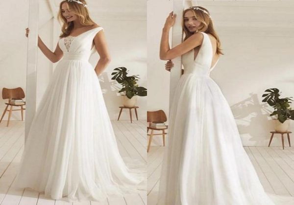 

simple v backless wedding dresses bridal gowns v neck ruched applique lace tulle sweep train modern princess wedding gowns c8989554, White