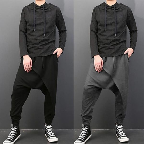

plus size men casual drape drop crotch harem hip-hop pants trouser baggy dancing pants gothic punk style harem pants men237s, Black