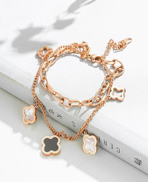 

luxury double layered hollowed clover charm bracelet lucky stainless stee four leaf jewelry1008823, Golden;silver