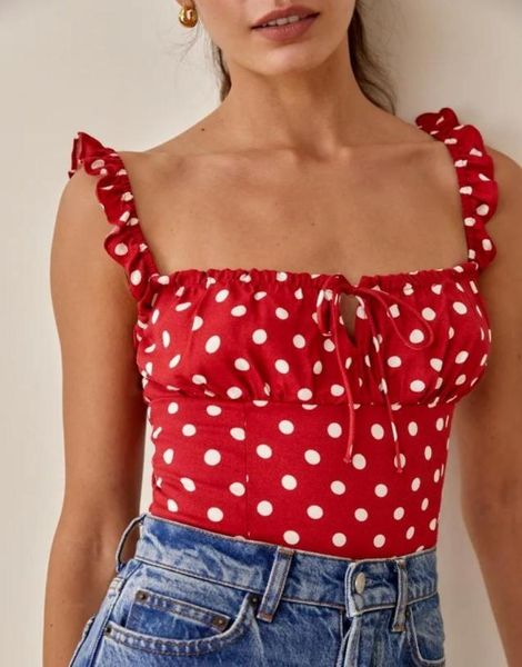 

women039s tanks polka dot print shirred frill trim cami q30630175307452512, White
