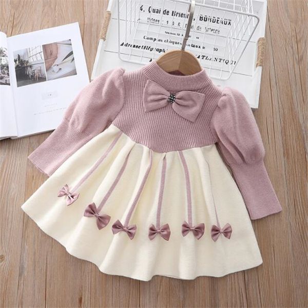 

children's autumn and winter new girls bubble sleeve wool princess dress little girl knitted round neck dress, Red;yellow