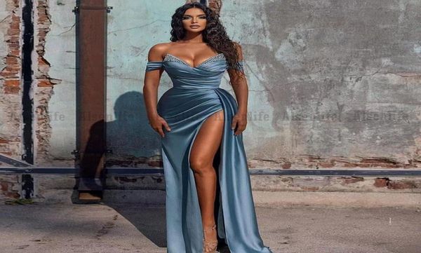 

blue off shoulder mermiad prom dress high side split aso ebi prom gowns for women formal evening second reception dresses cus2921861, Black