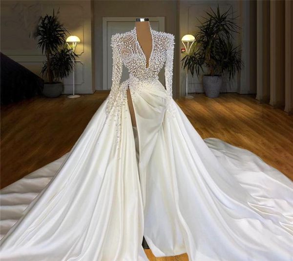 

luxury heavy beaded pearls wedding dress mermaid illusion v neck long sleeve bridal gowns sweep train muslim dubai wedding gown hi3531086, White