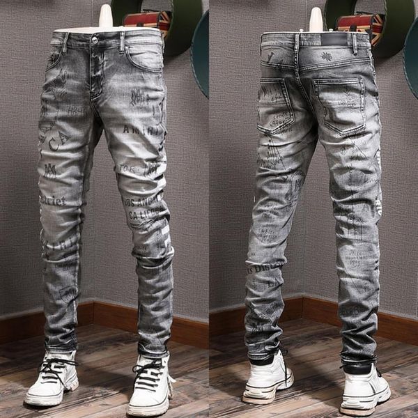 

man black gray jeans with printed wash vintage slim fit leg251x, Blue