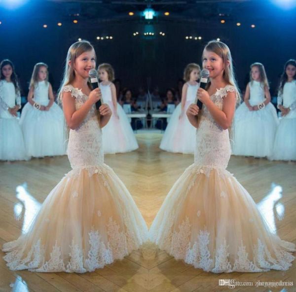 

amazing mermaid flower girl dresses sheer neckline capped sleeves vintage lace appliques soft tulle skirt little bride formal gown3066247, White;blue