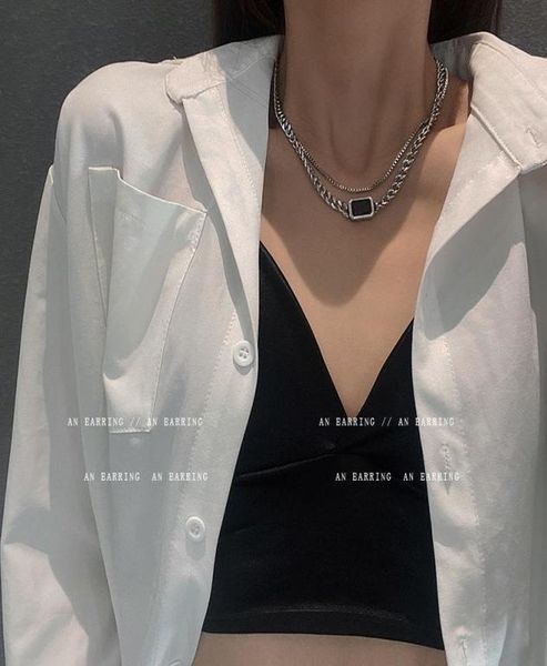

chokers fashion vintage black square geometric pendant necklace titanium steel double clavicle chain hip hop necklaces women men j3926835, Golden;silver