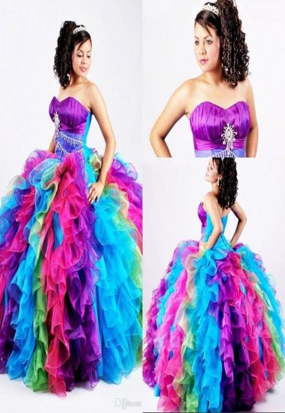 

ball gown rainbow quinceanera dresses puffy organza bling crystal sequins sweet 16 gown pageant princess corset prom dress3562548, Blue;red