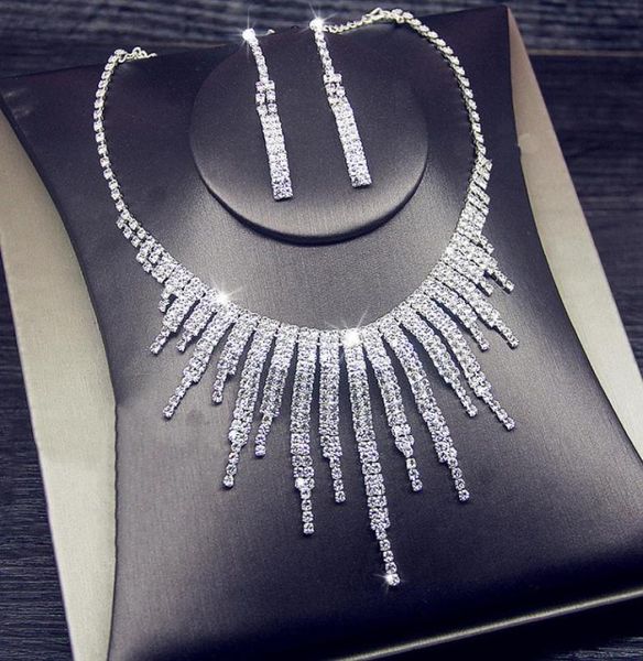 

2020 elegant silver plated rhinestone bridal necklace earrings jewelry set accessories for bride bridesmaid prom evening wed8903214, White