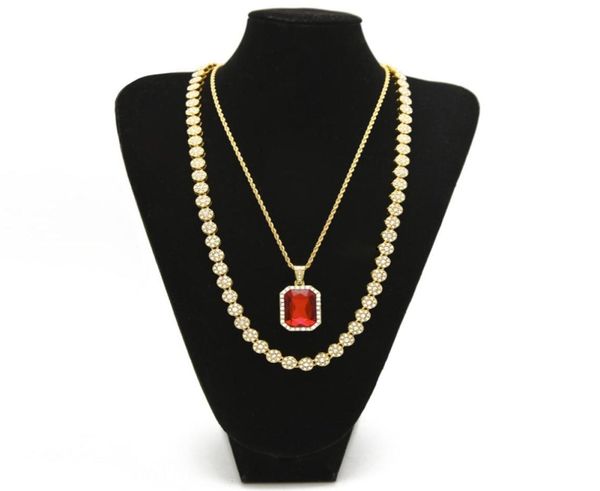 

men hip hop jewelry set 30inch lced out rhinestone 1 row round necklace chain with square red blue pendant necklace8971717, Silver