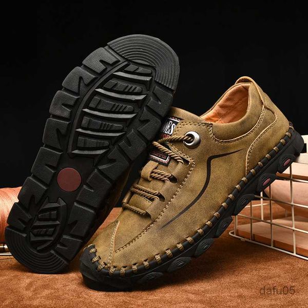 

sneakers hand stitched leather casual shoes for men up outdoor non-slip travel hiking shoes black big size r230811, Black;red