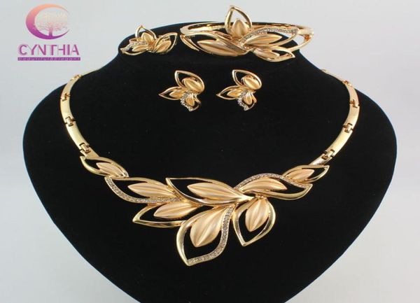 

women amazing charming 18k gold plated crystal african costume jewelry sets nigerian dubai wedding leaves jewelry set7725304, Black