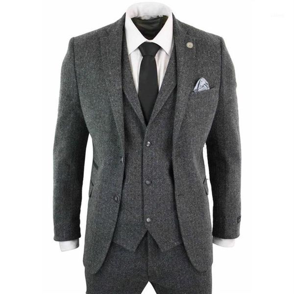 

men's suits blazers suit 3 pics herringbone dark grey lapel wool tweed slim fit for formal wedding groom clothing blazer vest260z, White;black