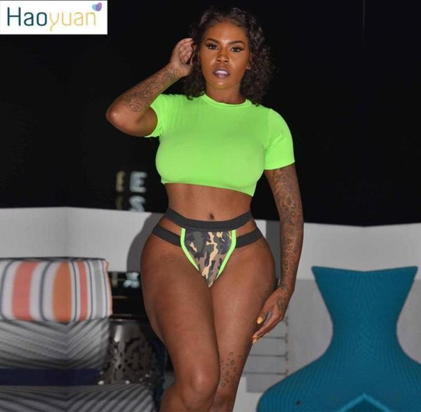 

haoyuan neon green summer beach two piece set short sleeve crop amo shorts swim suit matching set club outfits womens2797249, White