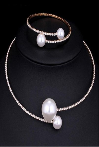 

european and american diamond pearl necklace bracelet suit short clavicle necklace jewelry for women gift 8470479, Silver