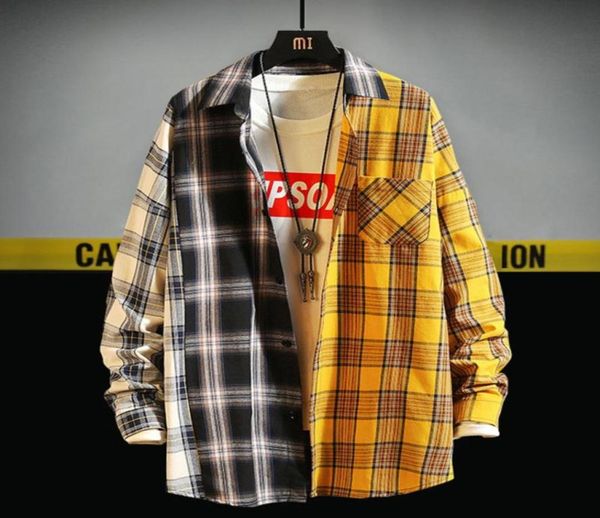 

men oversized cotton plaid shirt 2021 man hip hop patchwork button up long sleeve couple korean harajuku clothing men039s casua9654665, White;black